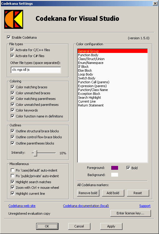 Codekana Settings Dialog